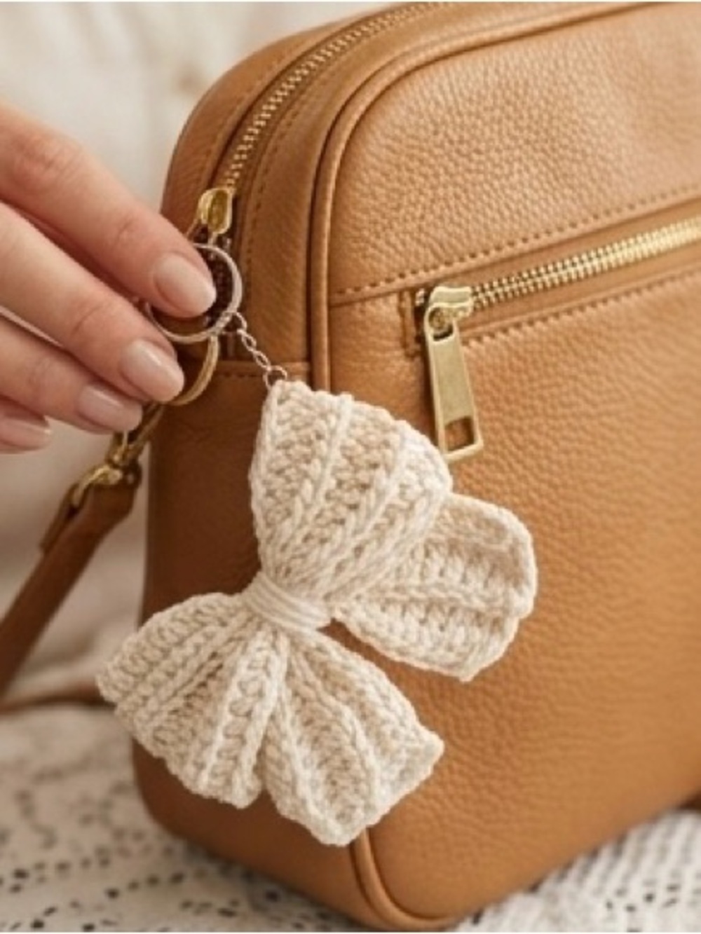 Crochet Bow Keychain Cottagecore Bag Charm Handmade Cream Boho Coquette - Picture 2 of 4